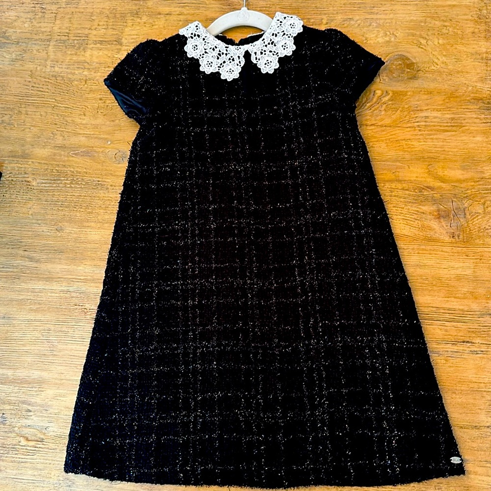 Girls Tartine et Chocolate black bouclé dress with removable lace collar